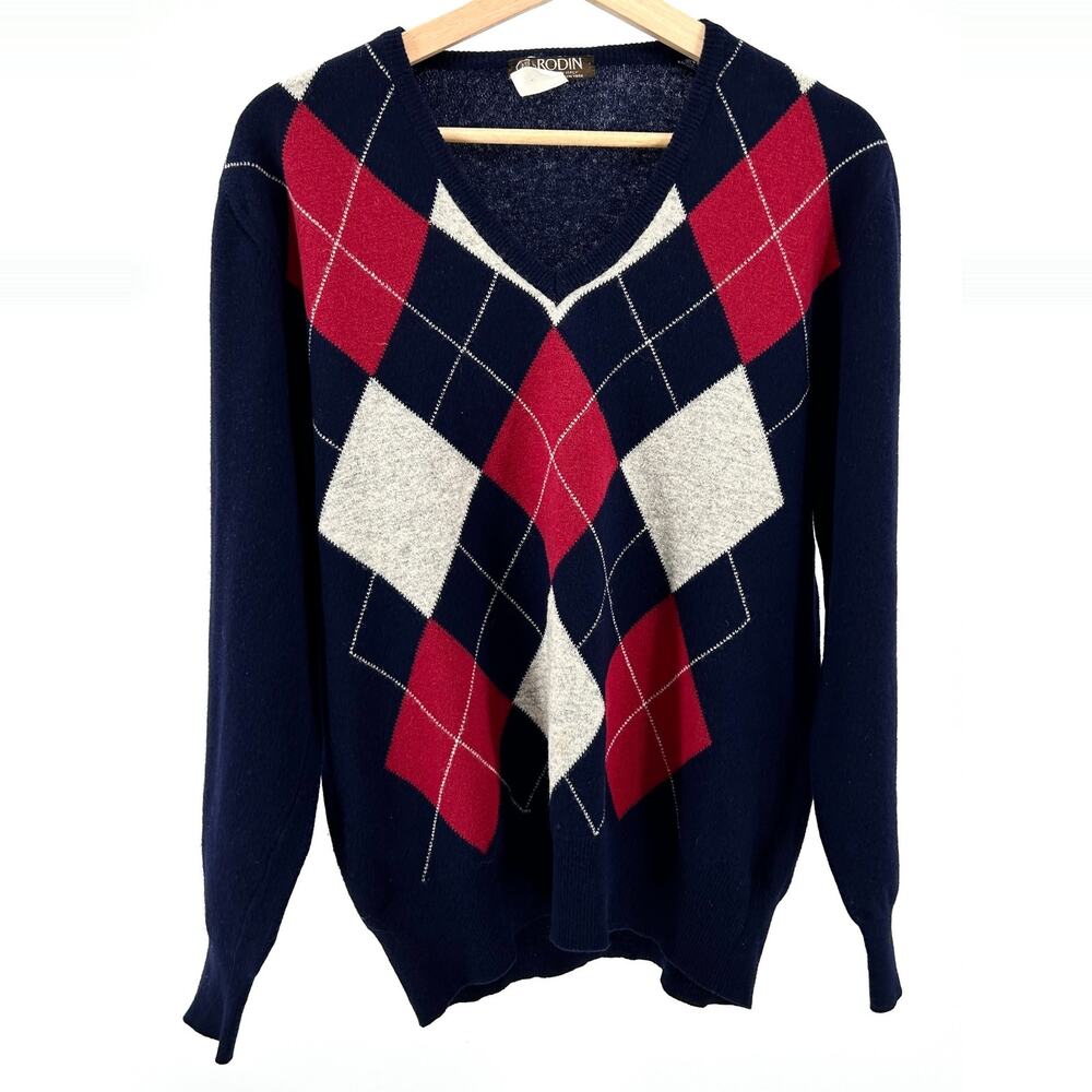 Vintage 70s Rodin Navy Blue Red Argyle Wool V-Neck Pullover Sweater